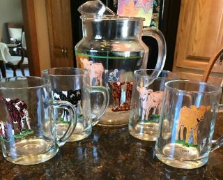 Vintage Glass Cow Calf Land O Lakes Dairy Advertising Pitcher & Mug Cup Set