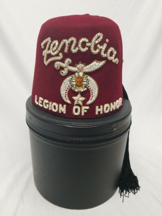 Shriners Fez Zenobia Bejeweled Burgundy Hat / Box With Handle Vg