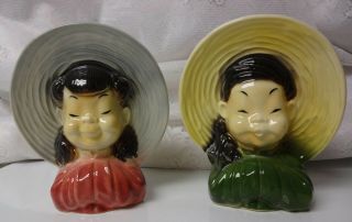 Vintage Royal Copley Ikebana Planter Wall Pocket Vase Asian Japan Chinese Heads