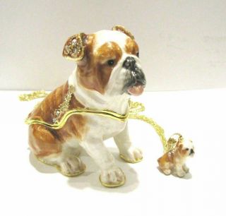 English Bulldog Dog Jeweled Hinged Trinket Box W Matching Pendant