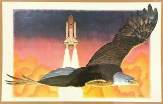 Vintage 1983 Nasa Space Shuttle & Eagle Print Poster By David K.  Stone 20 " X 32 "