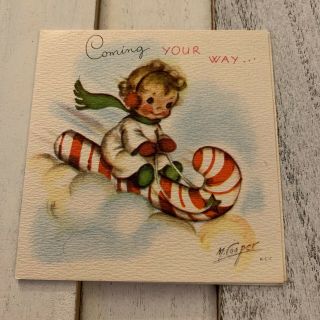 Vintage Greeting Card Christmas Girl Angel Candy Cane Sled Rust Craft M Cooper