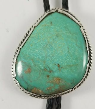 Vintage Navajo Bolo Tie Silver - Large Green Turquoise Stone Signed Jeri Clark
