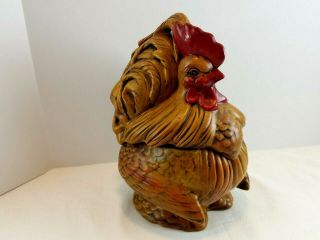 Vintage Atlantic Mold Hand Painted Ceramic Hen Rooster Chicken Cookie Jar Farm
