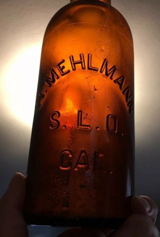 Scarce Large Antique S.  L.  O.  H.  Mehlmann Amber Bottle San Luis Obisbo California