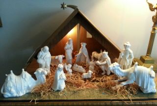Vintage,  Large White Hummel Goebel Nativity Set.  15pcs.  & Stable