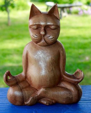 Meditating Buddha Cat Statue Lotus Pose Wood Carving Sculpture Balinese Art