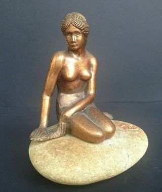 Copper Danmark Nude Woman Mermaid On A Rock Figurine Statue Denmark 5 " Vgc