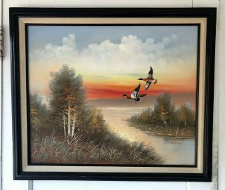 Vintage Signed Sporting Art Ducks Oil On Canvas Painting - R.  Wilson