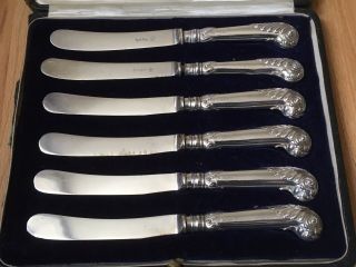 Set Of Six Antique Solid Sterling Silver Pistol Grip Handled Tea Butter Knives