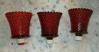 Set Of 3 Red Hobnail Glass Peg Votive Candle Holders,  3 3/4 " High Including Stem