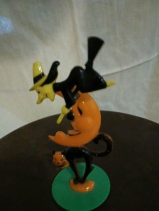 Vintage Halloween Hard Plastic Black Cats Moon Witch Trembler Toy