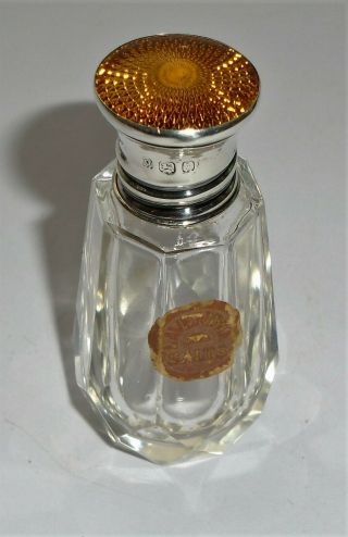 Antique Solid Silver Cut Glass Smelling Salts Scent Bottle Guilloche Enamel Top