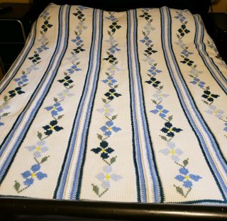 Vintage Handmade Crochet Granny Afghan Blanket Quilt Flowers Blue White 89 " X 83 "