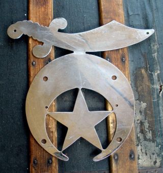 Vintage 11 " Chrome Metal Shriner Sign Crescent Moon,  Sword & Star Masonic