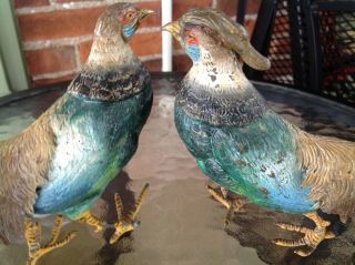 Pair Vintage Handpainted Brass Male Rooster & Female Hen Pheasants
