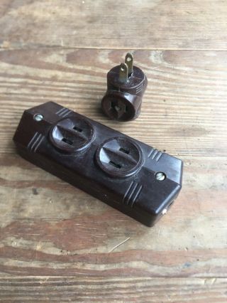 Vintage Bakelite Surface Mount Power Outlet Receptacle And 3 Way Plug Brown
