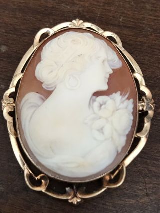 Victorian 10k Gold Carved Shell Cameo High Relief Brooch Pendant Pin Fine