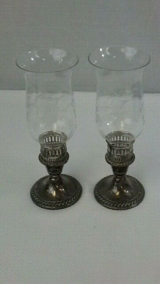Antique Sterling Silver Weighted Candleholders With Glass Hurricane Shades