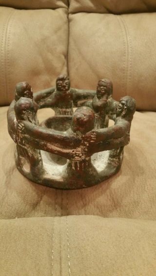 Large Vintage Handmade Terracotta Mayan Circle Of Friends Candle Holder