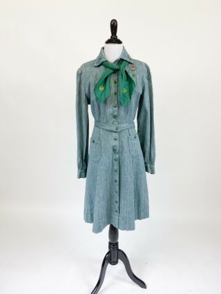 Vintage 1940s 1950s Girl Scout Leader Uniform Dress M L