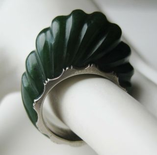 Fine Vtg Chinese Carved Green Spinach Jade Sterling Silver Imperial Court Ring 7