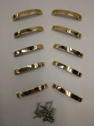 Vintage Box Of 10 Polished Brass Drawer Pulls Handles Still In Packing.