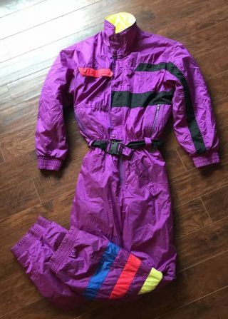 Vtg 80s/90s Purple Neon White Stag Mens One Piece Ski Suit Snow Retro Snowsuit M