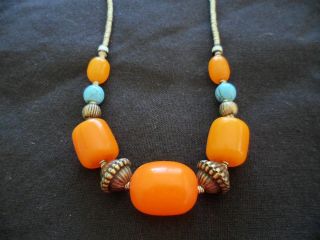 Vintage Amber And Turquoise Silver Wire Bead Ethnic Tribal Old Necklace