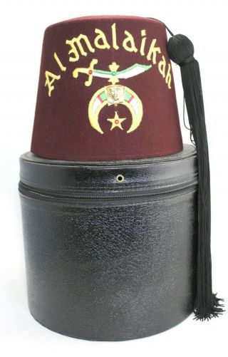 Shriners Vintage Maroon Black Tassel Moroccan Fez Hat W/ Hatbox Masonic Mason
