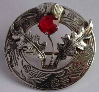 Lovely Antique Scottish Solid Sterling Silver Brooch With Thistle And Red Stone