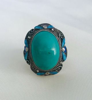 Gorgeous Chinese Enameled Sterling Filigree Ring Set W/ Turquoise Sz 8.  5 925 Bj