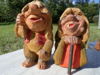 Vintage Henning Troll Couple Man Woman Carved By Hand In Norway Norwegian Wood
