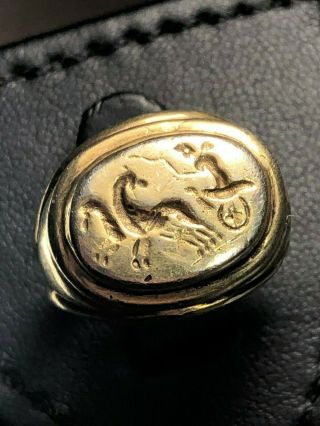 Antique Ancient Sassanian Intaglio Signet Gold Gilded Solid Silver Ring 7th Ad