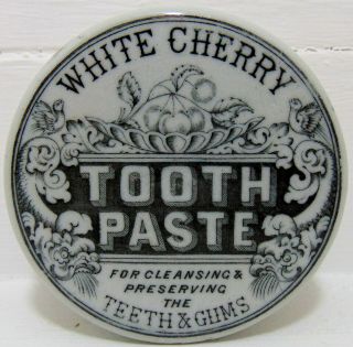 Pretty White Cherry Tooth Paste Pot Lid & Base - Cherries & Gargoyles c1900 ' s 2