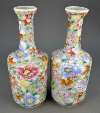 Fine Antique Pair Chinese Famille Rose Mille Fleurs Iron - Red Sealmark Vase 3