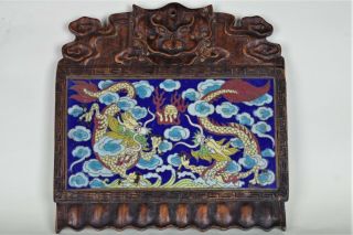 Fine Antique Chinese Qing Cloisonne Dragon Wall Plaque With Carved Wood Frame