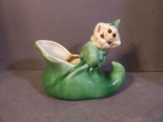 Vintage Green Glazed Ceramic Evil Elf Pixie Sprite On Shoe Slipper Planter
