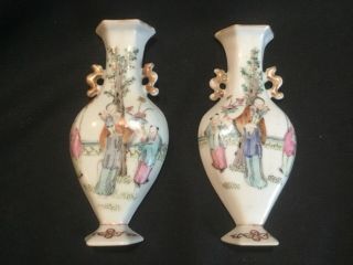 Nr Pair Antique Chinese Export Famille Rose Verte Porcelain Wall Pocket Vases