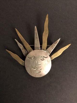 Vintage Taxco Mexico Sterling Silver Artisan Wild Funky Sun Pendant Brooch Pin