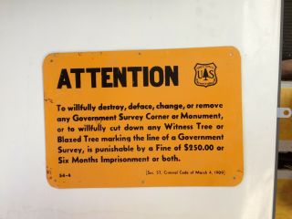 Vintage Metal U S Forest Service Usfs Sign Advertising Smokey Bear Survey Marker