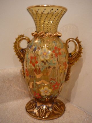 S20 Antique Vintage Amber Enamel Art Glass Vase Heavy Gold Ground Pontil Mark