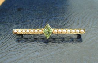 Vintage Jewellery Stunning 18ct Gold 3/4 Ct Peridot & Pearl Bar Brooch Pin