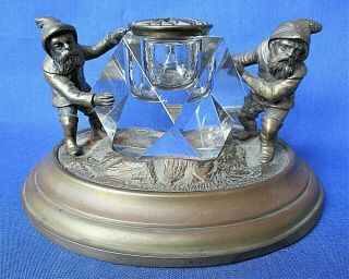 Outstanding Antique Bronze Glass Inkwell Gnome Elf Dwarf Leprechaun Vintage