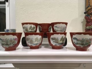 Antique Chinese Porcelain Tea Cups With Landscape Cartouches And Gilt Trim