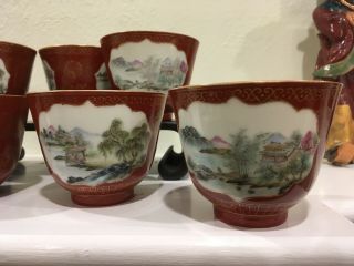 Antique Chinese Porcelain Tea Cups With Landscape Cartouches and Gilt trim 2