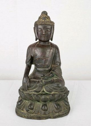 Antique Chinese Ming Dynasty Bronze Buddha Shakyamuni W/ Lacquer Traces 10 1/4 "