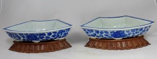 Antique Chinese Qing Dynasty Blue & White Porcelain Bulb Planters Wood Stands