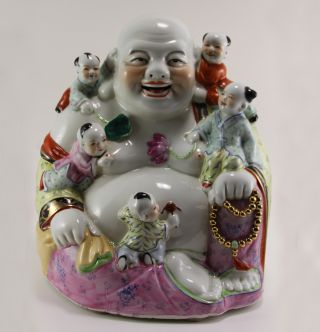 Large Antique Chinese Famille Rose Porcelain Laughing Buddha W.  Kids - Marked