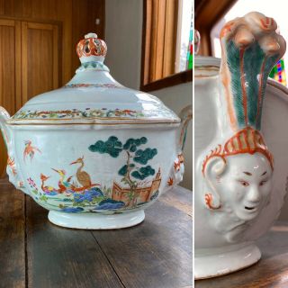 Antique Chinese Export Porcelain Soup Tureen Famille Rose Qianlong 1740 Birds